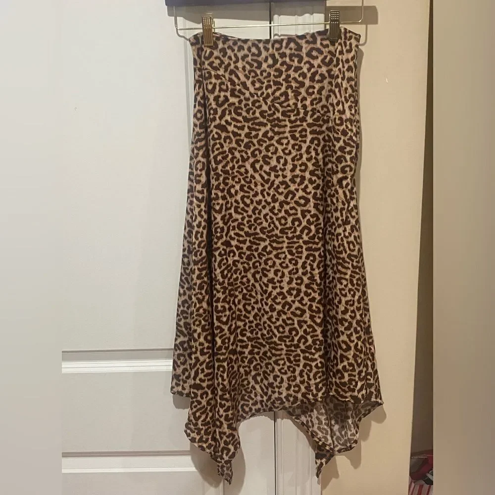 COTTON ON Brown Leopard Animal Print Asymmetrical Hem Midi Skirt